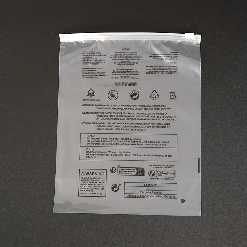 Bolsas con cierre y etiqueta de advertencia en stock, bolsas transparentes esmeriladas con cierre de Temu para ropa, calcetines y embalaje de prendas, personalizables.