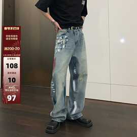 泼墨破洞牛仔裤男秋季薄款潮ins高街美式宽松直筒阔腿休闲长裤子