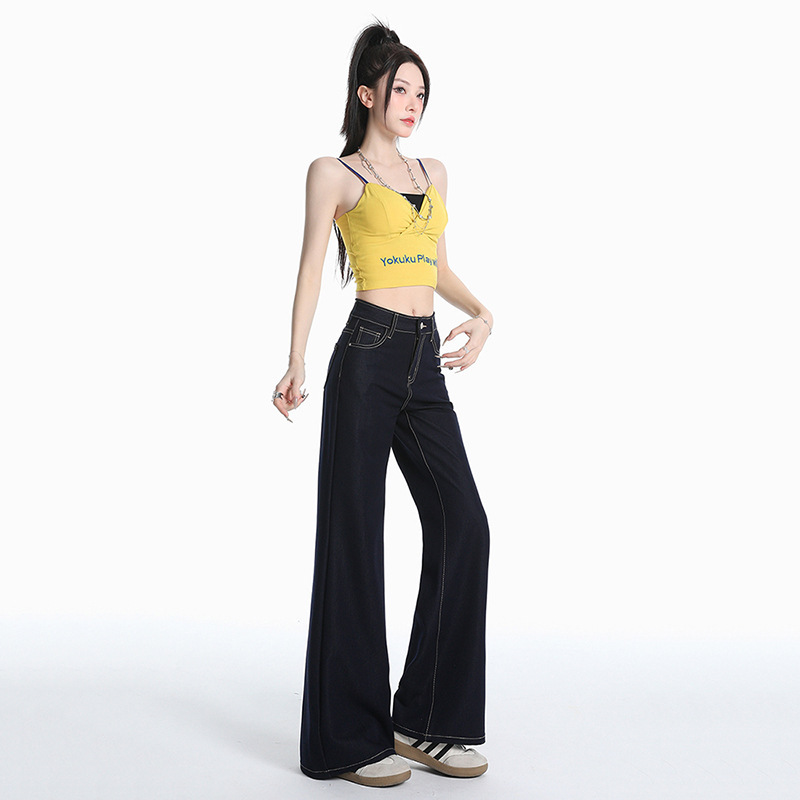 新しいブラックテクノロジー生地夏薄い小さなマイクロフレアジーンズ女性のルーズストレートドレープアイスフィールパンツ|undefined
