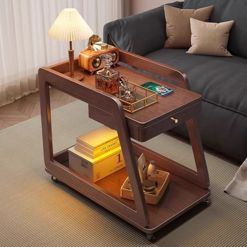 Mesa de té de madera maciza, sofá, carro, estante de almacenamiento con ruedas, mesa pequeña, mesa de trabajo, mesa de cabecera móvil
