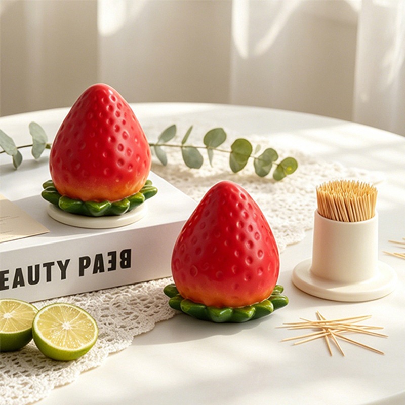 Strawberry-Shaped Toothpick Holder for Home Use, High Aesthetic Value, Cute Cotton Swab Storage Container, Creative Living Room Decoration Ornament