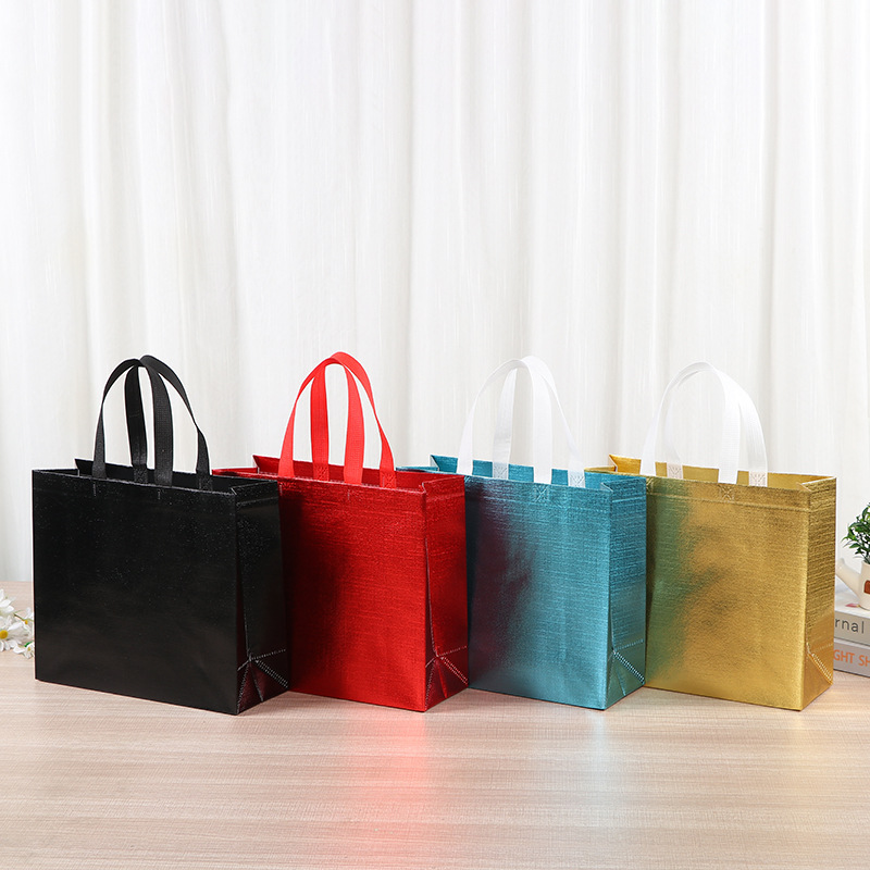 Bolsa no tejida láser, película recubierta de color, tela no tejida, bolsa de regalo de dulces de boda, ropa de mujer, ropa para niños, bolsa de compras, logotipo impreso