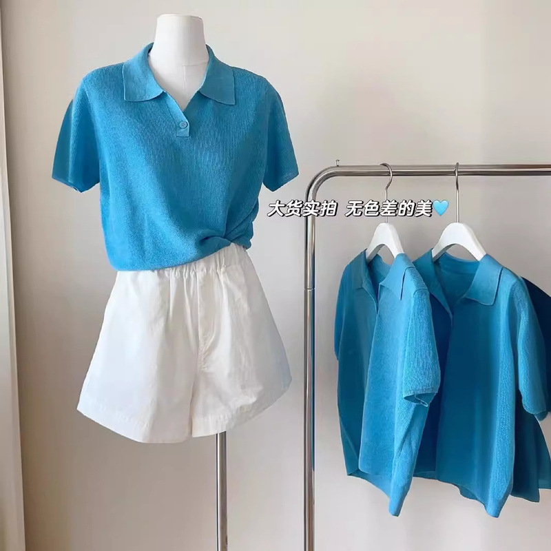 MISS STUDIO 2024 Summer Korean Polo Collar Tencel Linen Comfortable Simple Knitted Shirt Women's 1117