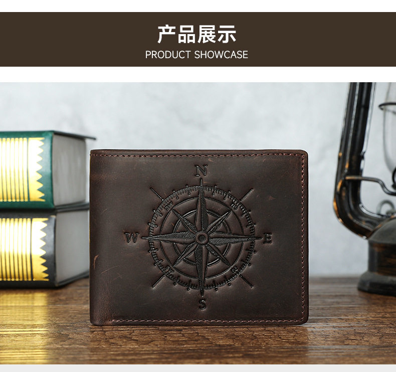 Ví nam da thật dạng ngắn 2 gấp đa năng chống trộm, họa tiết la bàn, 11×2×9 cm — Black Mad Horse Peel (La bàn), Cà phê (tháp), Cà phê ngựa điên (Compass), Cà phê ngựa điên chi tiết 17