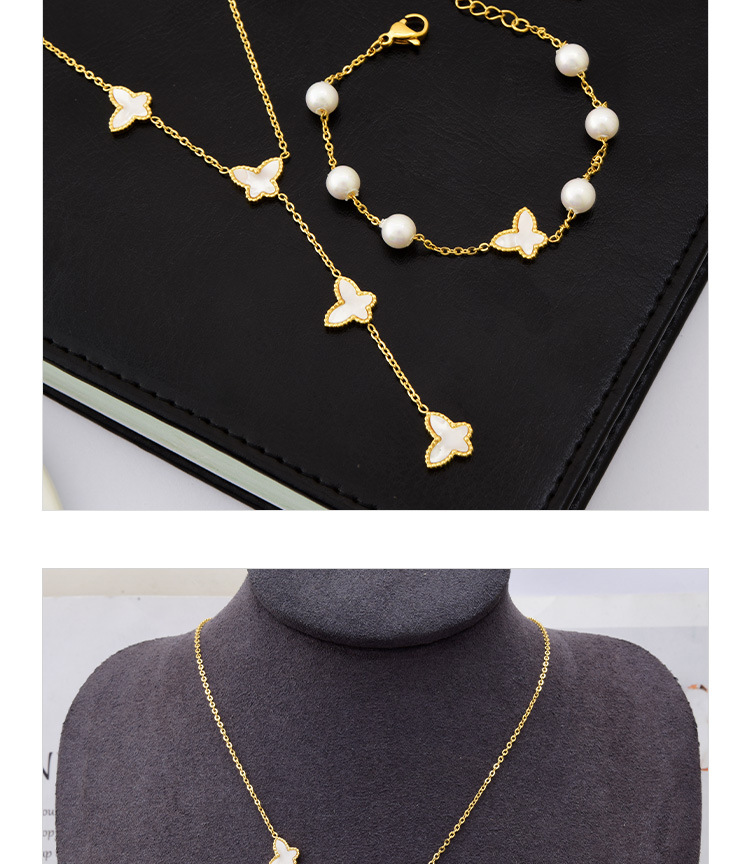 Fashion Butterfly Titanium Steel Inlay Artificial Pearls Shell Bracelets Necklace