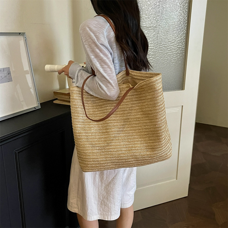 Women's Large Woven Tote Bag Shoulder Bag With Contrast Texture_voghion.com