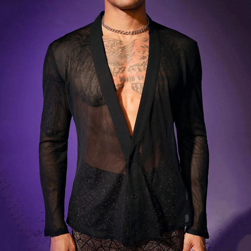 European Station V-Neck Sexy Men's Shirt Men's Shirt Black Transparent Mesh Cardigan Long-Sleeved Polo Shirt for Men