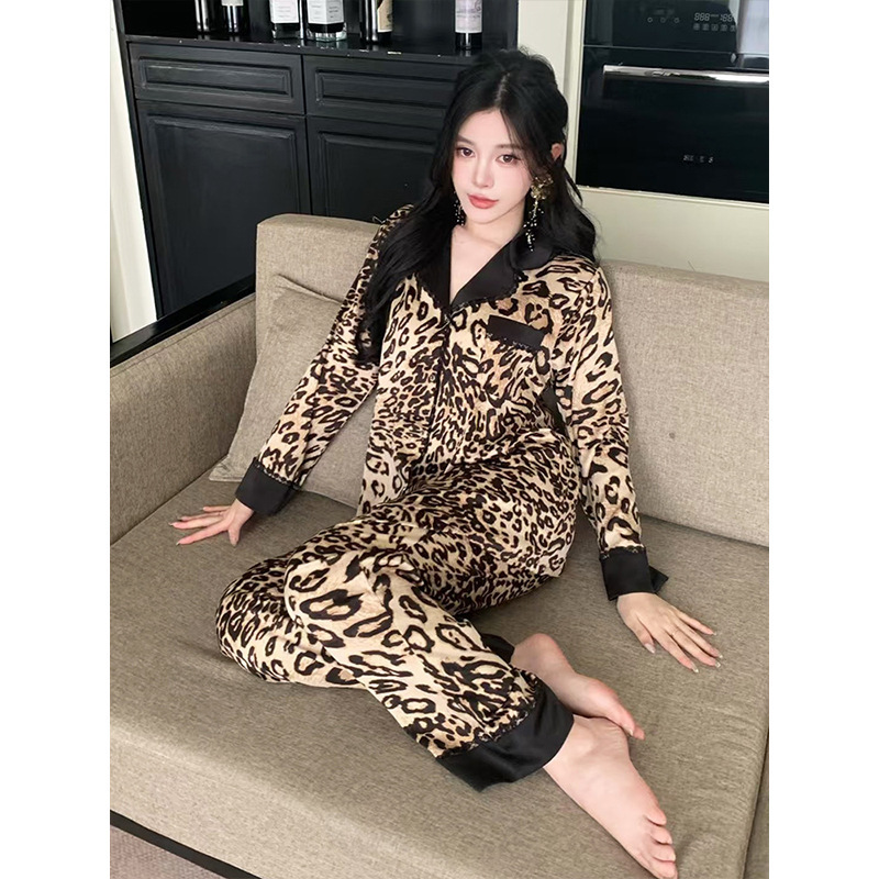 奢华豹纹春秋款睡衣女长袖时尚高级感轻奢冰丝女睡衣家居服两件套|undefined