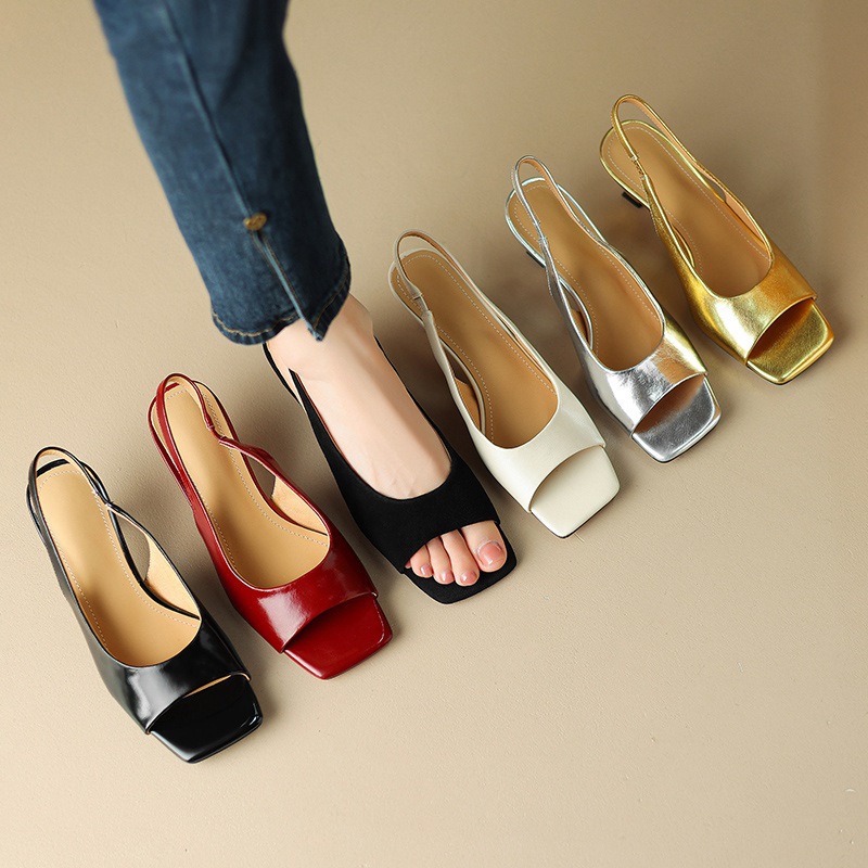 Sandal cao gót nữ mũi vuông hở mũi, gót thô 5.5 cm, phong cách Hàn Quốc, miệng nông — Da lộn cừu màu đen chi tiết 2