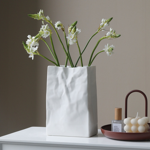 Wholesale Creative Paper Bag Ceramic Vase Ornament Minimalist Luxury White Flower Pot Ins Style Nordic Hydroponics High-end