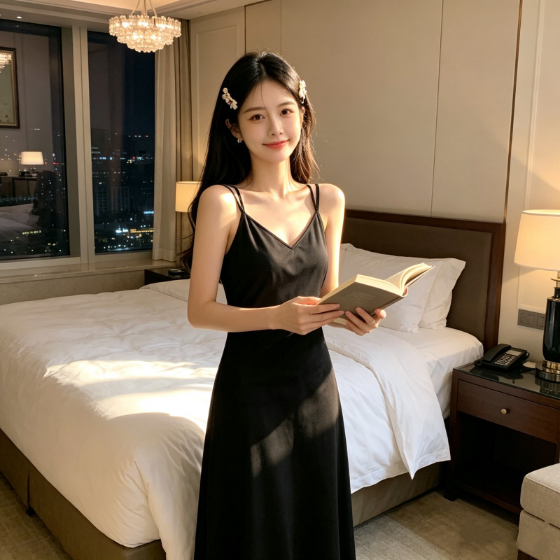 Socialite Style Cross-Back Black Nightgown, Ice Silk Sexy V-Neck Solid Color Nightdress with Chest Pads, Deep V-Neck, Long Style for Tall Individuals