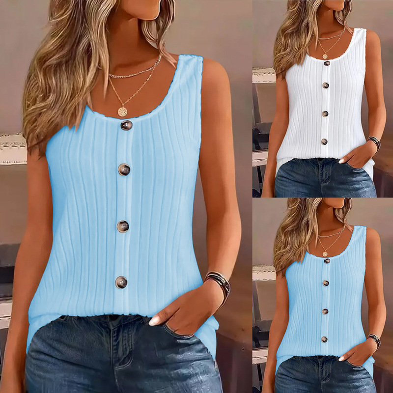 European and American spring and summer ribbed round neck vest, button casual sleeveless top t-shirt women's clothing