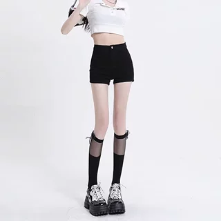 拉夏贝尔黑色牛仔短裤女2025年夏季新款高腰美式辣妹紧身a字热裤