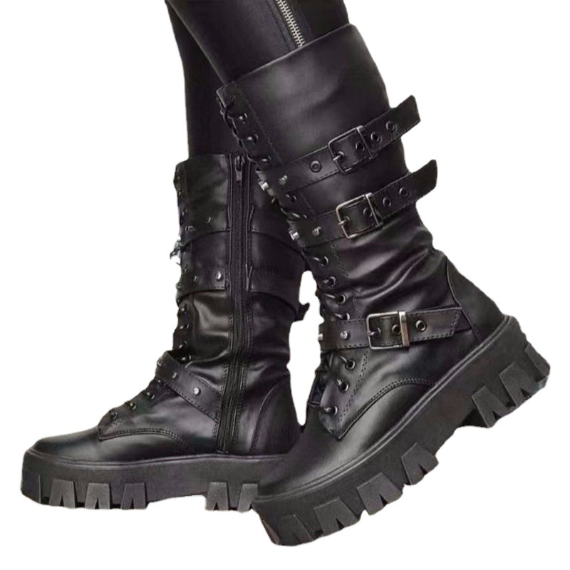 El Comercio exterior transfronteriza botas de cuero de las mujeres otoño Mediados de talón hebilla de cinturón británico estilo punk guapo largo Caballero botas estación independiente