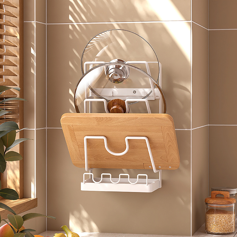 Hole-free multi-layer pot cover rack spatula storage rack kitchen storage rack wall-mounted multi-functional chopping board chopping board storage