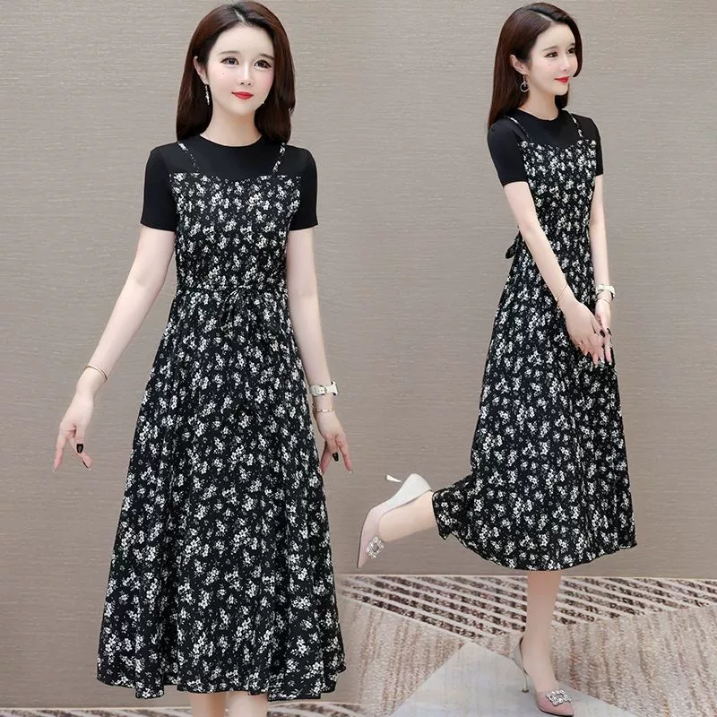 2025 новое стильное платье для женщин, стильная длинная юбка с короткими рукавами, искусственная двухсекционная элегантная цветочная юбка, закрывающая живот, для похудения, толщиной мм