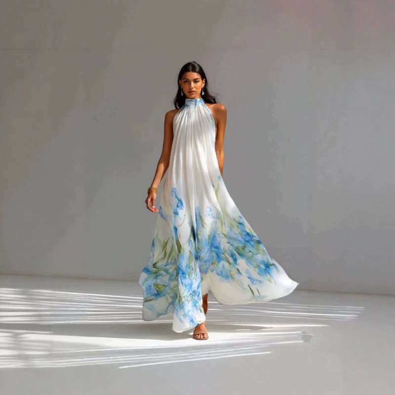 2026 Spring/Summer European and American New Women's Fashion Cross-Border Independent Platform Printed Fashion Sleeveless Halter Neck Long Dress 2026 Spring/Summer European and American New Women's Fashion Cross-Border Independent Platform Printed Fashion Sleeveless Halter Neck Long Dress