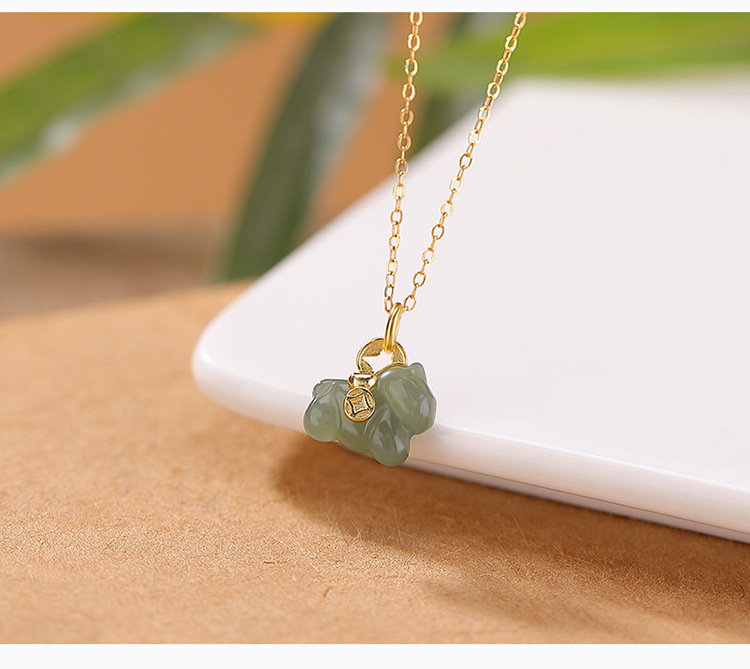 Mặt dây chuyền bạc S925 mạ vàng đính đá ngọc bích và pha lê hình đồng xu cát tường — Hồng thủy (không kèm dây) chi tiết 4