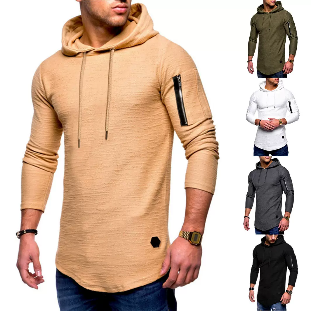 2021外贸修身圆领长袖t恤男手臂拉链个性欧美风休闲打底衫T恤男士