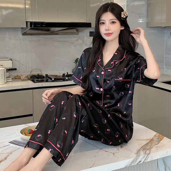 Sweet and Cool Girly Style Ice Silk Pajamas for Women Summer New Hello Kitty Short-Sleeved Trousers Comfortable Home Clothes Wholesale