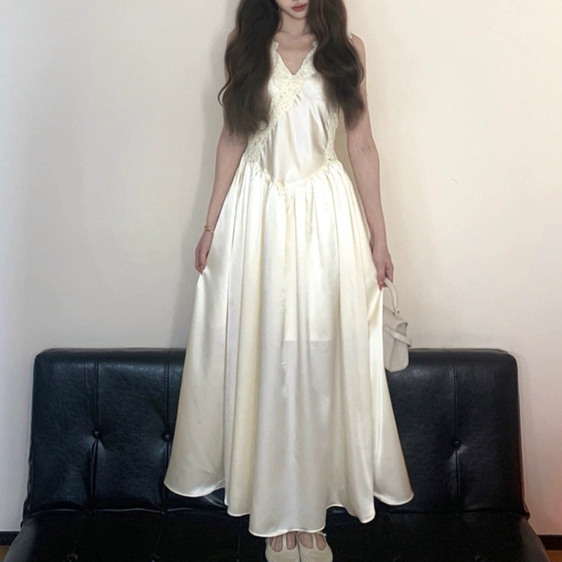 Gatsby Vintage Design Long Dress Sleeveless V-Neck Lace Embroidery Dress Satin High-End Waist-Cinching Dress
