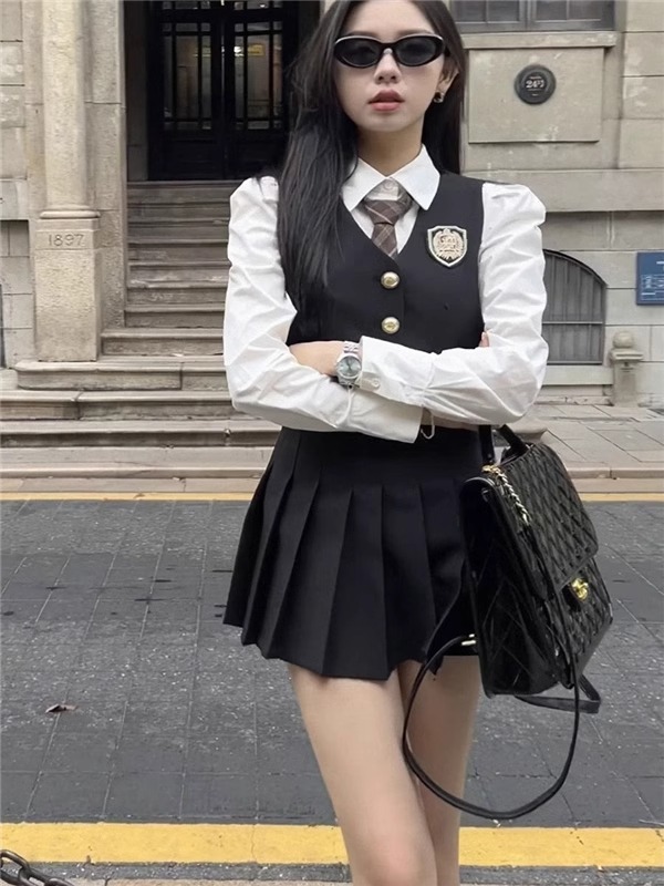 学院英伦风制服套装春秋新款辣妹西装马甲长袖衬衫百褶裙三件套女|undefined