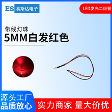 12V带线发光二极管5mm白发红色圆头高亮红光直插LED灯珠线长20cm