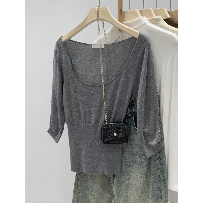 [in Stock] Real Shot of Lyocell Tencel Waist-Cinching Base Layer Top with Half-Sleeve Knitwear, Early Spring 2026 New Model