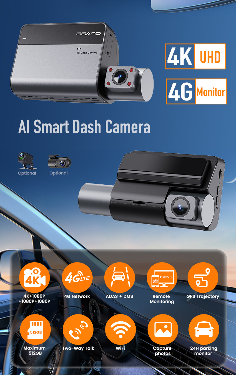 Cross-border 4G dashcam with four 4K cameras, remote monitoring, 24-hour surveillance, ADAS, BSD warning, and fleet management