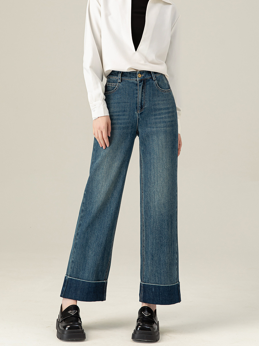 Quần jean ống đứng cạp cao Xinge chất Tencel mềm rủ, gấu gập cho nữ dáng nhỏ — Xanh đá quý