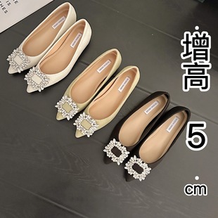 Inner Height Women's Shoes Sexy Rhinestone Square Buckle Shallow Mouth Shoes 24 Autumn New All-match Slip-on Pointed Evening Shoes