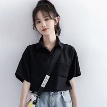 2022夏季新款港风黑色短袖衬衫女夏学生休闲雪纺衬衣百搭翻领上衣