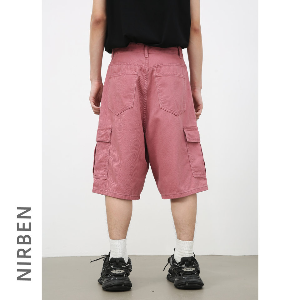 Quần short denim nam ống rộng ống đứng lửng 5 tấc phong cách Hàn, form rộng rãi dễ phối đồ — Hồng đào, Màu be nhạt, Màu cà phê, Trắng be