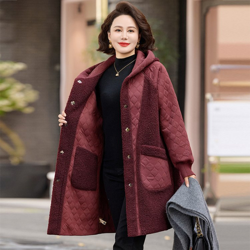 加肥加大特体200斤妈妈冬装加厚保暖双面穿羊毛呢外套女中长款羊