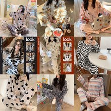 可爱卡通印花圆领睡衣女秋冬网红直播加厚珊瑚绒家居服法兰绒套装