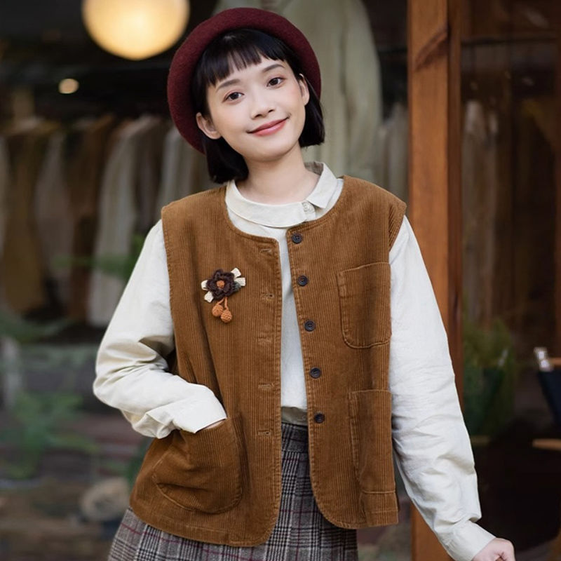 灯芯绒马甲女春装2025日系新款复古坎肩甜美叠穿马夹无袖上衣外套|undefined