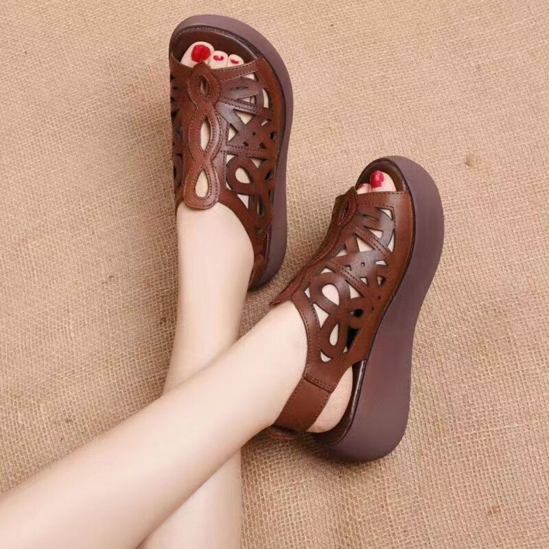 2026 Spring New Retro Ethnic Style Hollow Out Shoes for Women, Thick-Soled Waterproof Platform Sandals, Wedge Heel Mom Shoes