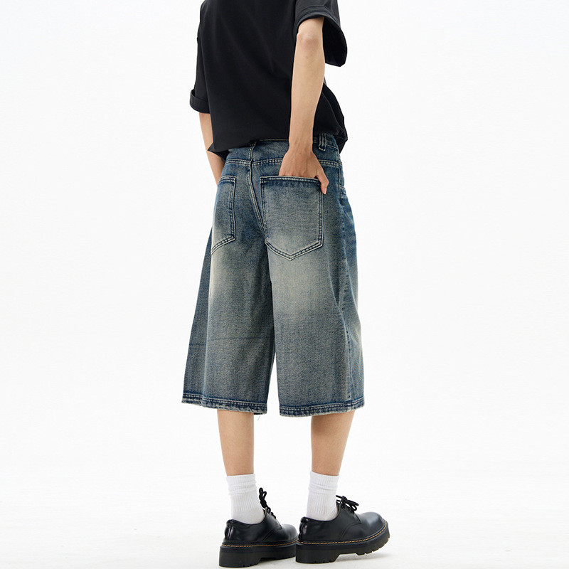 LKTM Men's Summer American Style Vintage Washed Denim Cropped Pants Men's and Women's High Sense Loose Profile Short Pants