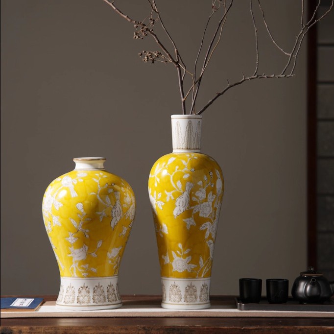艺贝子喜上眉梢黄色青花瓷复古宋式美学新中式花瓶插花玄关装饰品