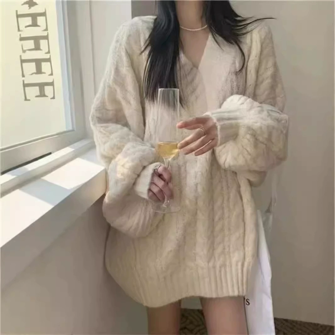 Ленивый ветер ретро утолщение V-образный свободный серый свитер