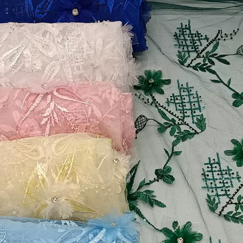 手工钉珠订花礼服连衣裙汉服旗袍刺绣面料 婚纱女装绣花布料