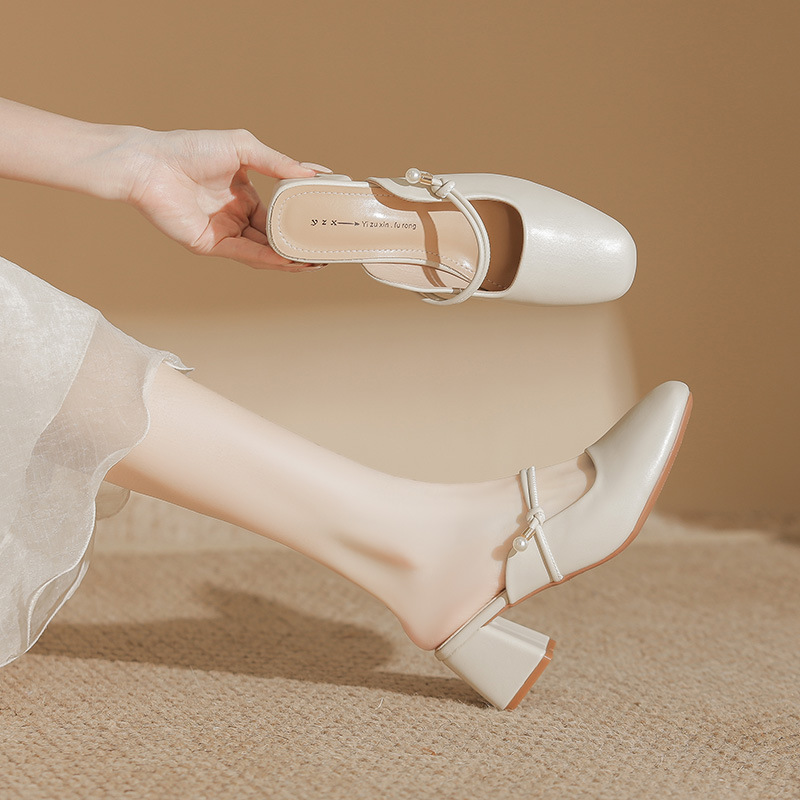 Baotou Half Slippers Women's Summer Wearing New Korean Style Square Head Thick Heel Mueller High Heel Sandals Women's Vietnam Hot Style