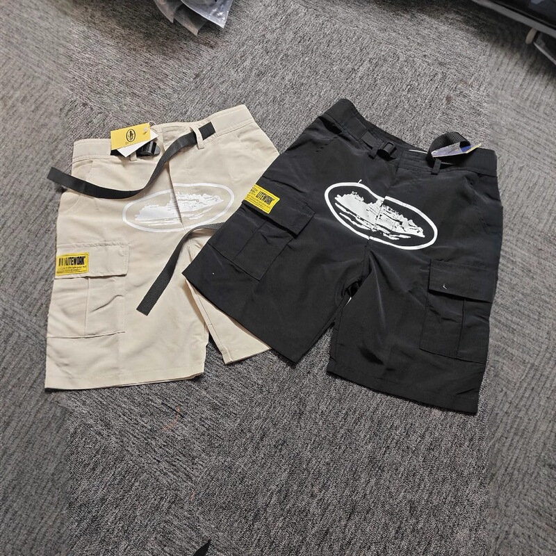 Real Shot of American High Street Style Multi-Pocket Printed Black Belt Cargo Shorts for Men and Women, Trendy Summer Five-Point Shorts