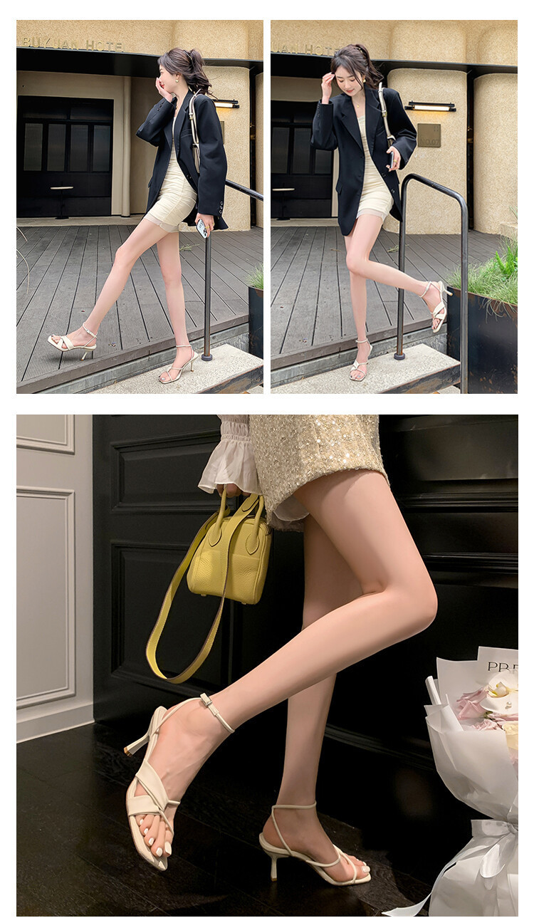 Sandal cao gót nữ hở mũi quai khóa cổ chân gót nhọn 9 cm — Màu vàng, Màu trắng be, Màu bạc chi tiết 11