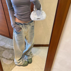 SUNONEON 浅色水洗渐变牛仔裤女秋新款低腰宽松慵懒阔腿休闲裤子