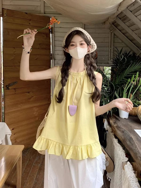 多巴胺黄色法式小资小上衣女夏无袖背心衬衫设计感独特漂亮娃娃衫|undefined
