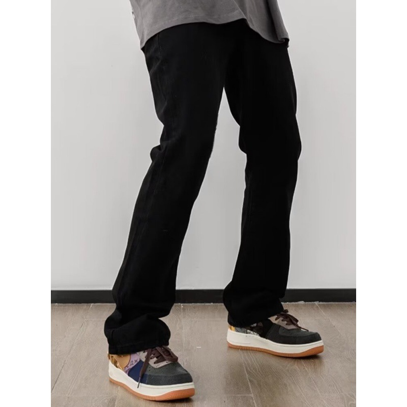 Men's High Street American Retro Washed Denim Jeans Loose Fit Slightly Flared Wide Leg Floor Length Slimming Blue Jeans_mkmklike.com