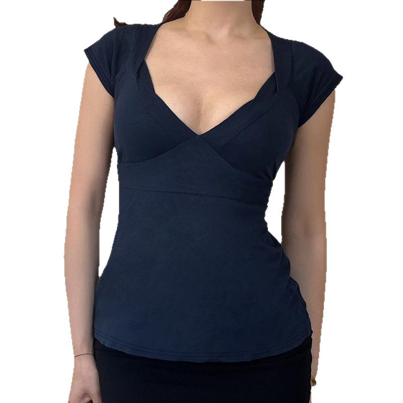 Girl's Style Short-sleeved Top With Tie-up Bow, Waist-cinching, Slimming, Sexy V-neck, Casual And Versatile_ecoleips.com
