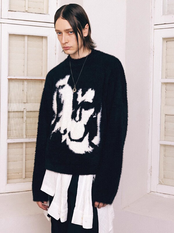 Crewneck portrait knitted short rock print sweater men's 2024 autumn and winter new loose high-grade top