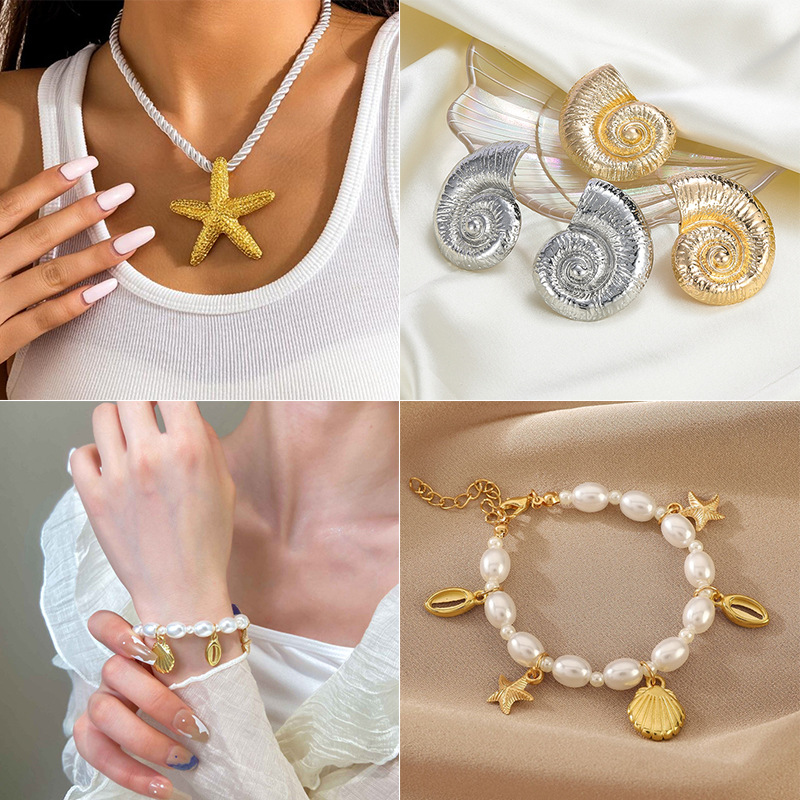 Summer Beach Ocean Series Exaggerated Starfish Necklace Women's Shell Bracelet Conch Earring Set Women_voghion.com